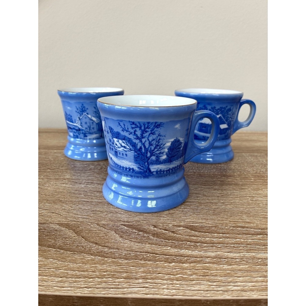 Set of 3 Vintage Currier & Ives Blue Mugs Coffee Cups Homestead Winter Holiday